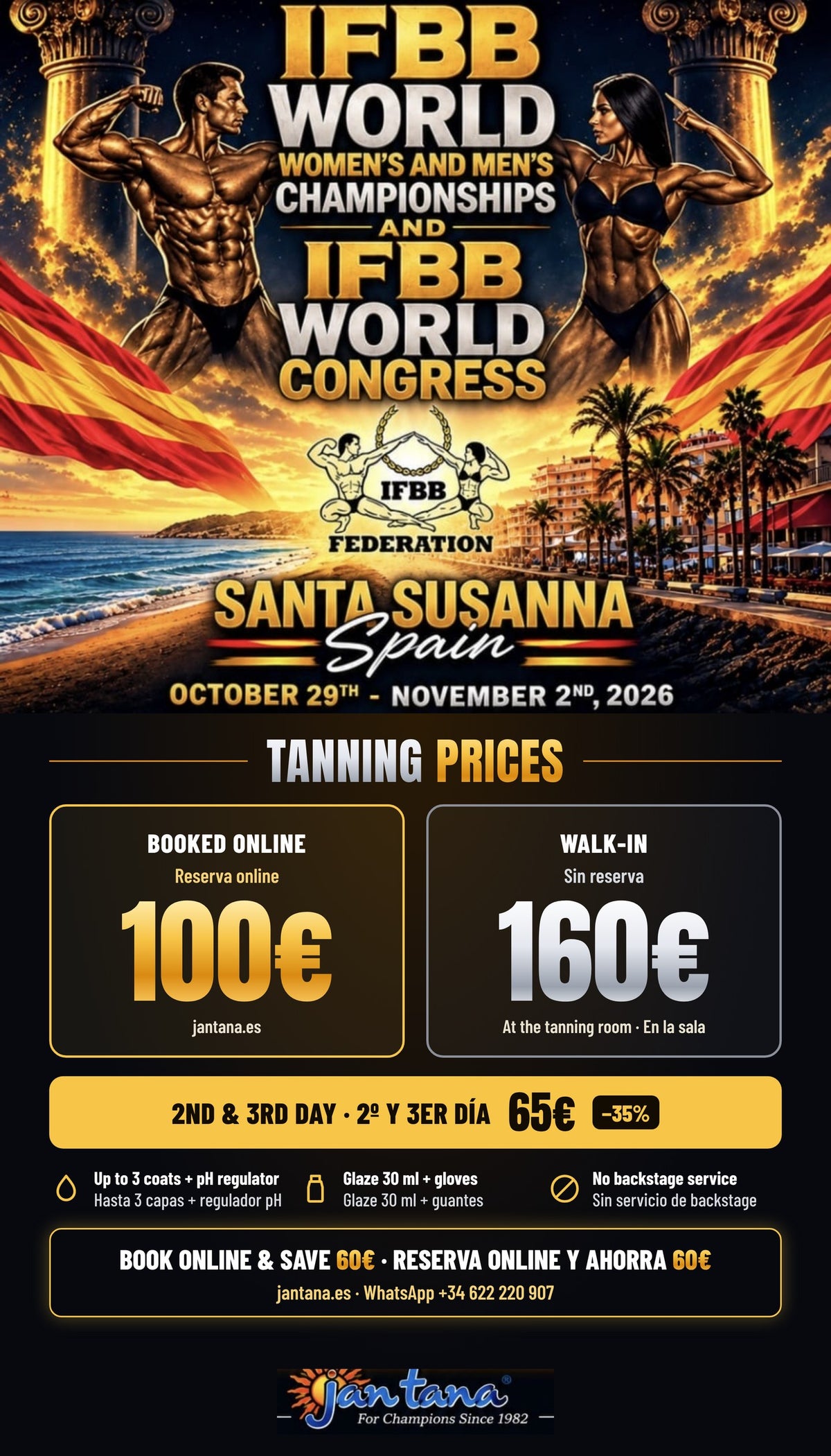 Jan Tana tanning prices IFBB World Championships 2026: booked online 100 €, walk-in 160 €, 2nd and 3rd day 65 €