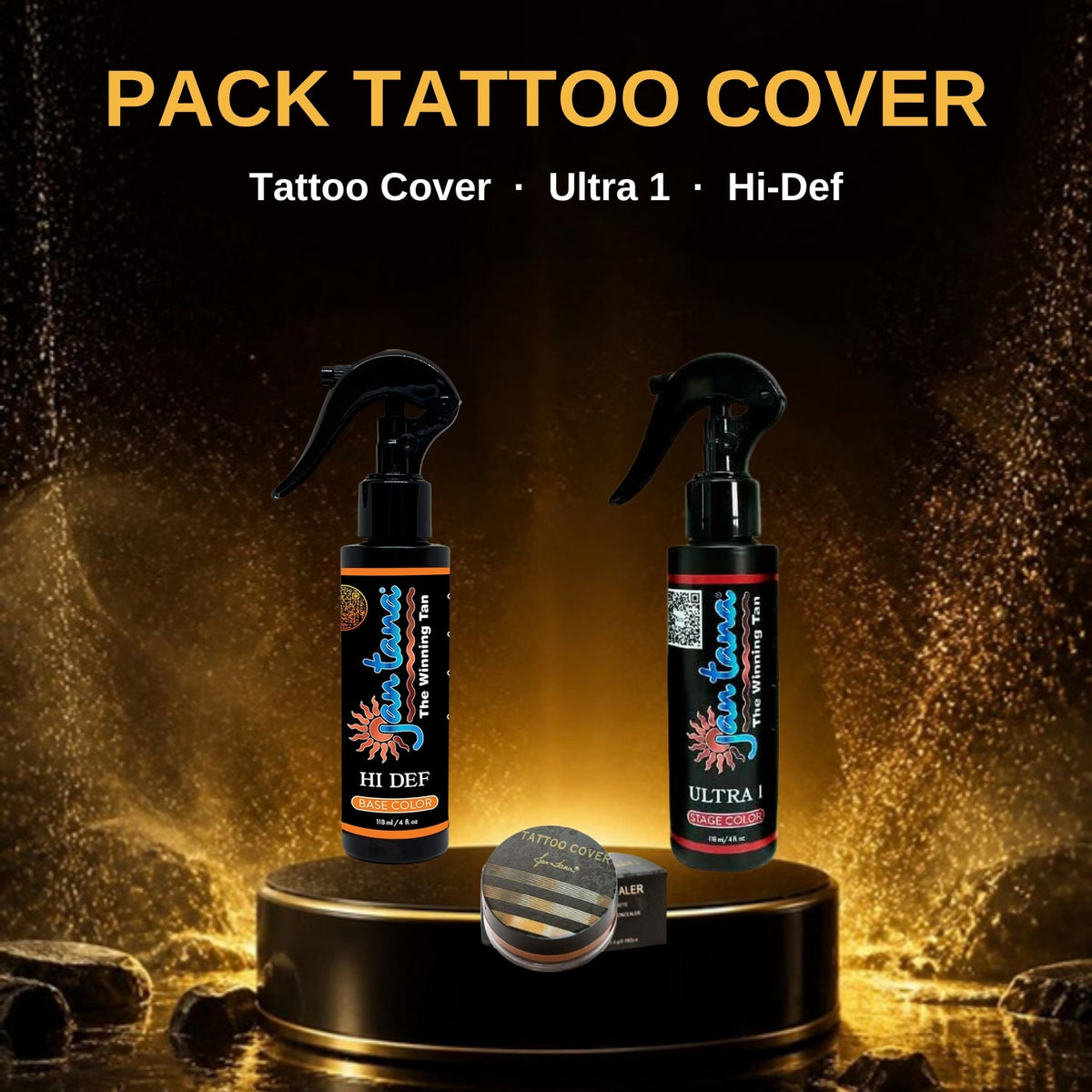 Pack Jan Tana Tattoo Cover con Ultra 1 y Hi-Def 118 ml sobre podio dorado