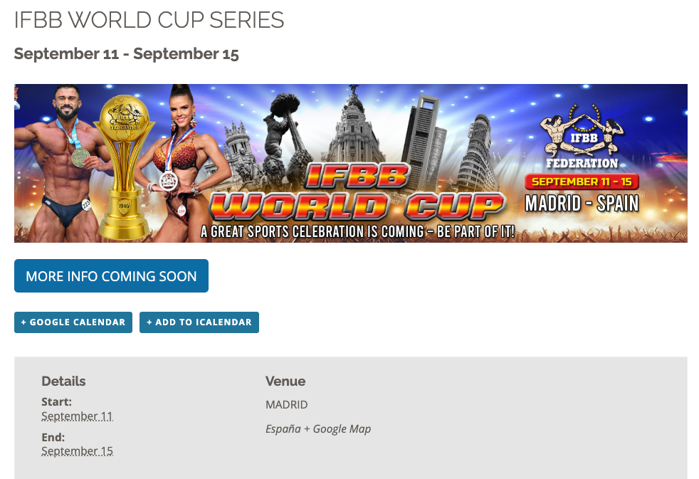 IFBB WORLD CUP SERIES MADRID 11-15 SEPTEMBER (Pre Booking)